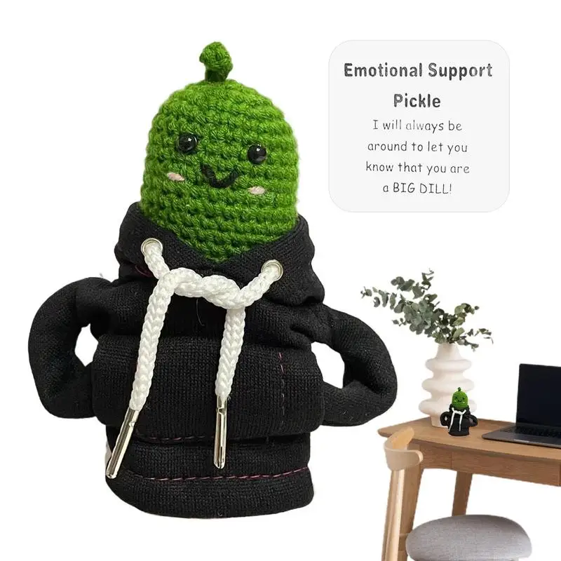 Crochet Pickle Funny Mini Positive Pickle Plush In Hoodie Emotional Support Plush With Card Motivational Pickle Knitting Wool