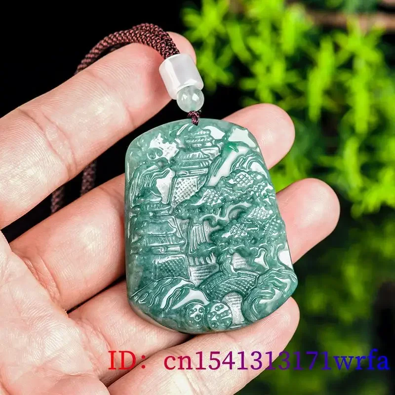 Burmese Jadeite Landscape Pendant Vintage Carved Fashion Amulet Blue Charm Necklace Jewelry Real Natural Jade Accessories