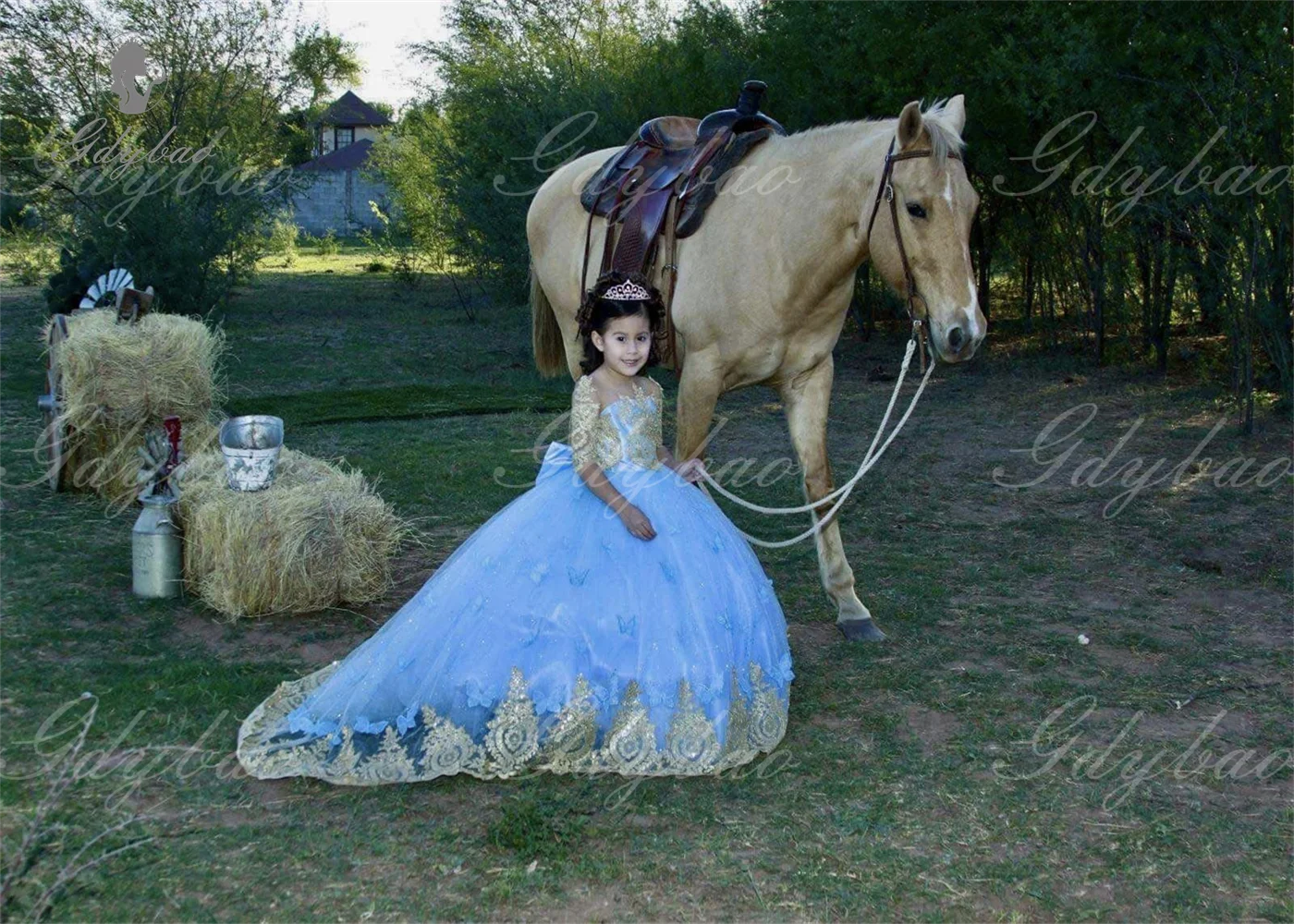 Vestidos de fiesta de boda para niña, vestidos de flores azul claro para niños pequeños con lazo, encaje dorado, desfile, comunión, vestidos largos personalizados