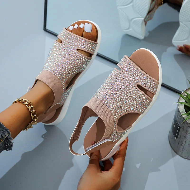 Nuovi sandali da donna estivi moda tessuto volante elasticizzato strass casual donna appartamenti scarpe da spiaggia da donna taglia grande 36-43