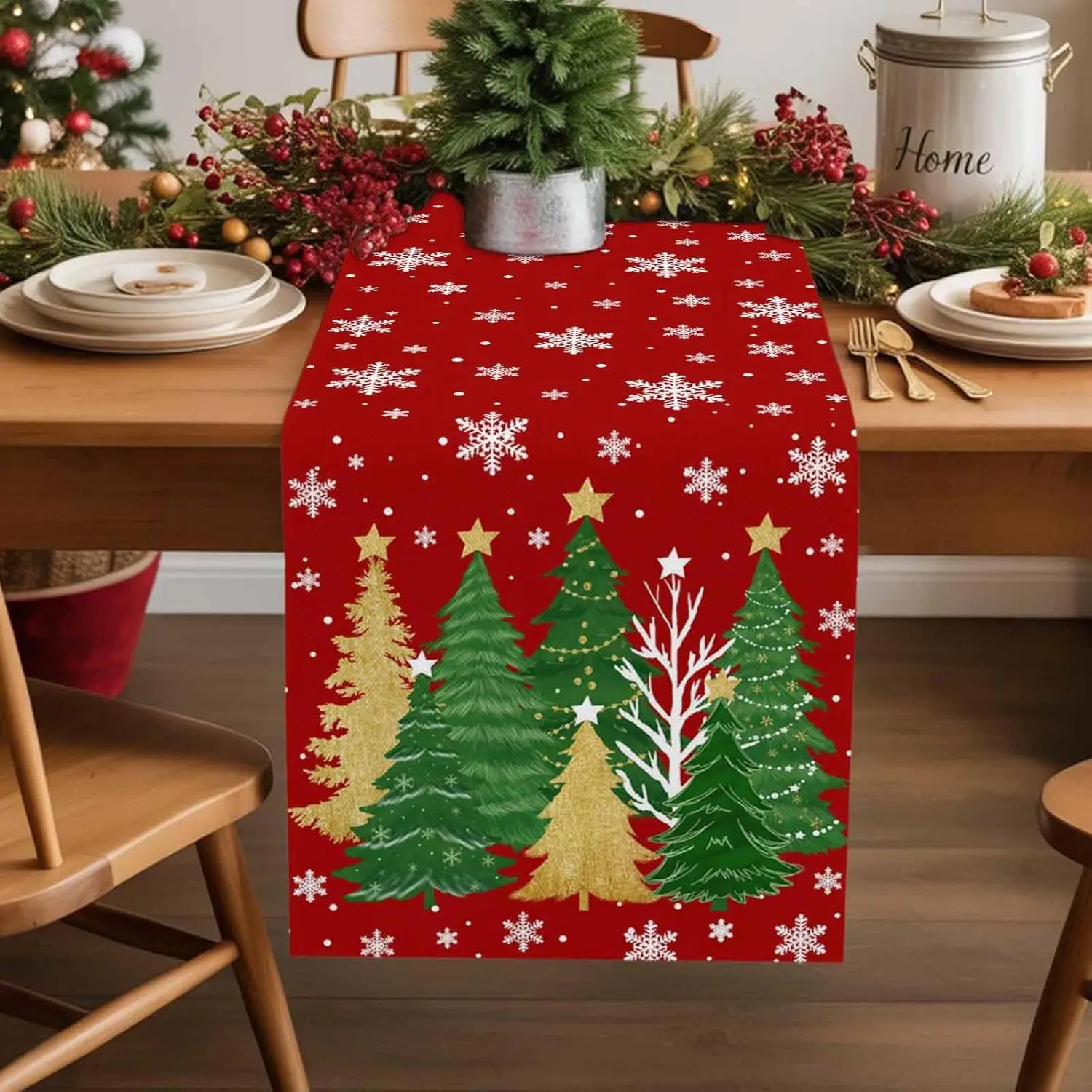 Christmas Snowflake Pine Tree Linen Table Runner Party Decor Winter Holiday Kitchen Dining Table Runner Christmas Decorations