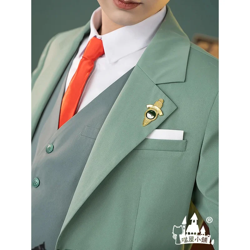 

az15Anime Spy X Family Loid Forger Костюмы для косплея Сумеречный зеленый костюм Брошь Парик Шляпа Брюки Жилет Перчатки Комплект одежды Мужчины Мальчики Пар