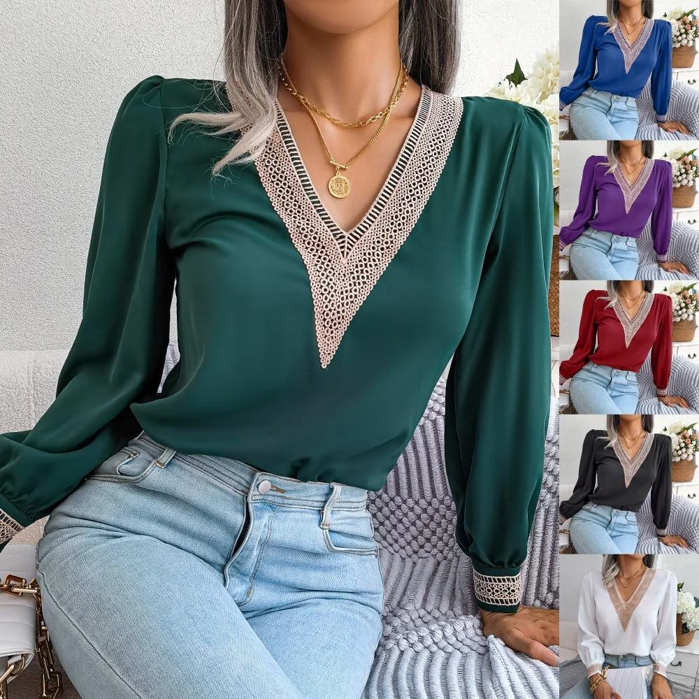 

Ele Long Sve V-Ne Кружевная блузка irt Женская мода Трансграничный сезонный шифоновый топ на весну, осень и зиму