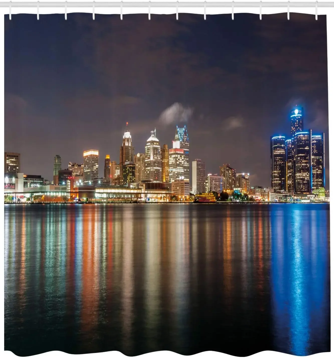 Detroit Shower Curtain, Modern Metropolis Cityscape at Night Time Detroit River with Colorful Reflection