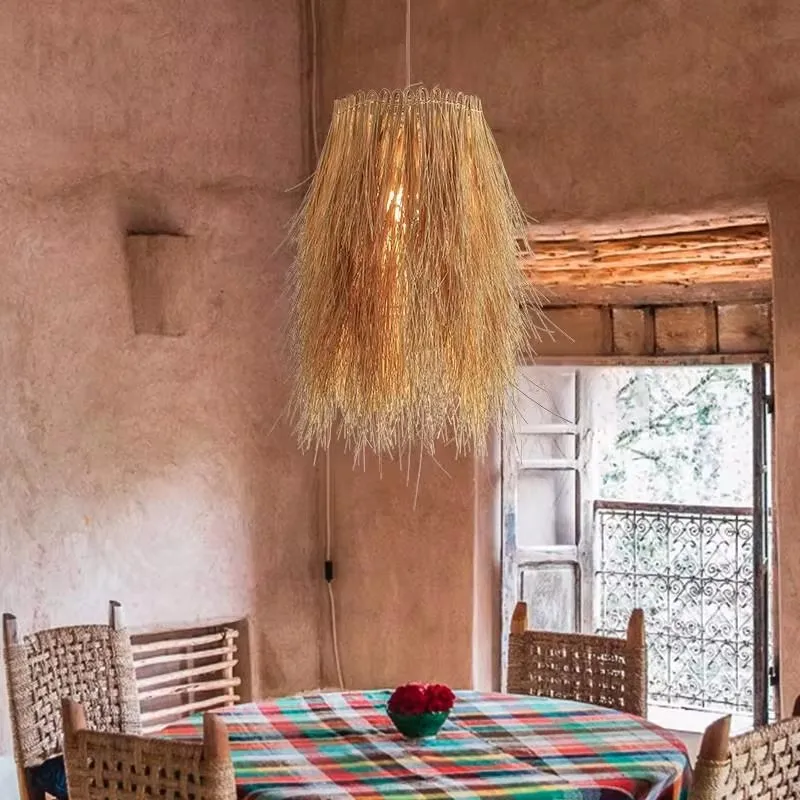 Creative Rattan Chandelier Hand Woven Circular Straw Hat Personalized Countryside Restaurant Bamboo Woven Light
