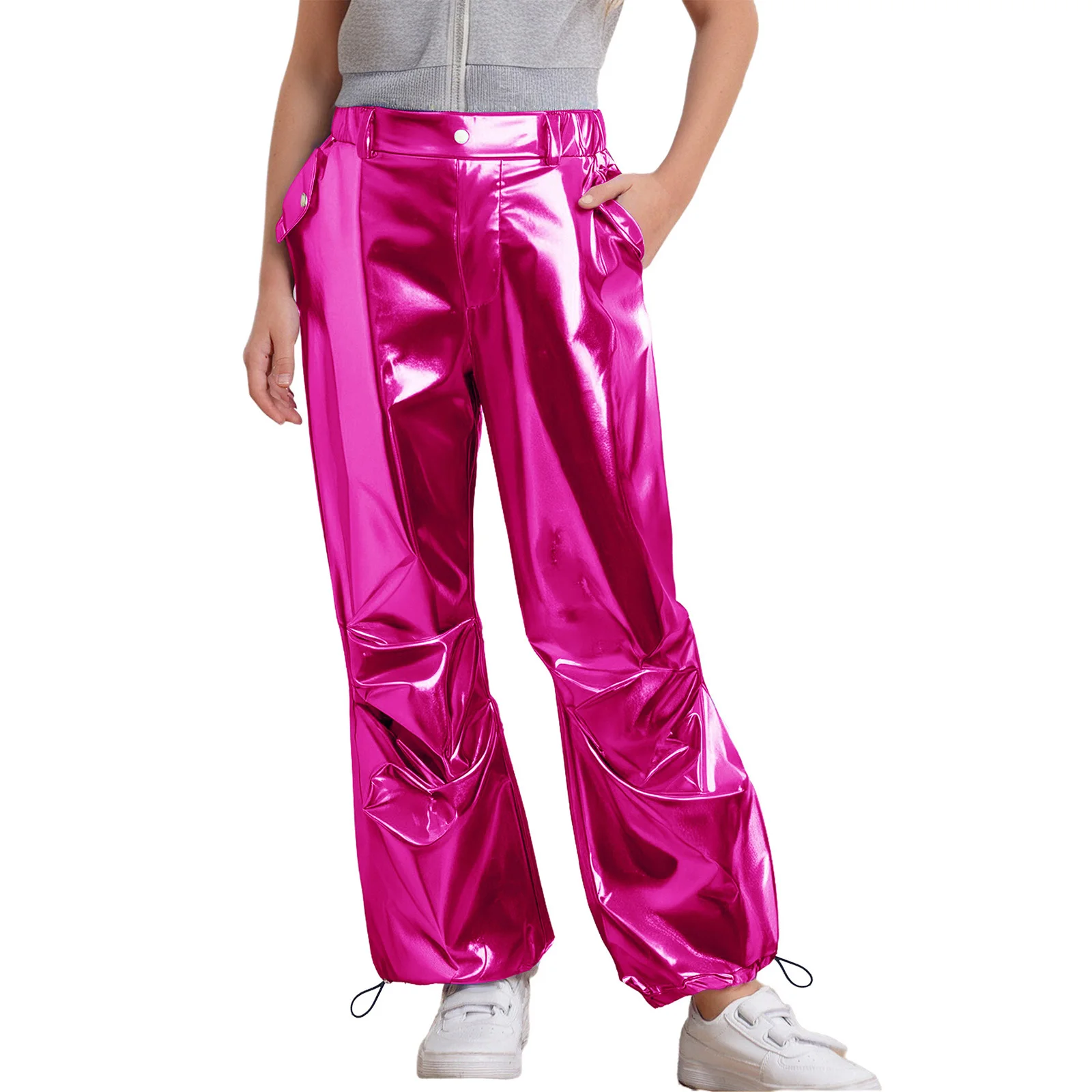 Girls Metallic Cargo Pants Shiny Jazz Street Hip Hop Dance Pants Teen Fashion Kids Trousers Streetwear Stage Performance Costume