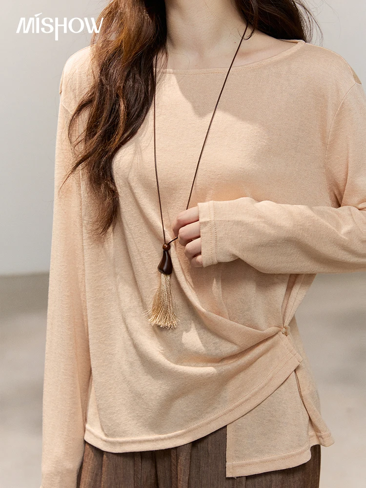MISHOW Women's Boat Neck Tees with Necklace 2026 Spring Asymmetric Hem Lyocell Cotton Linen Top Loose Knitted T-Shirt MXF15T1518