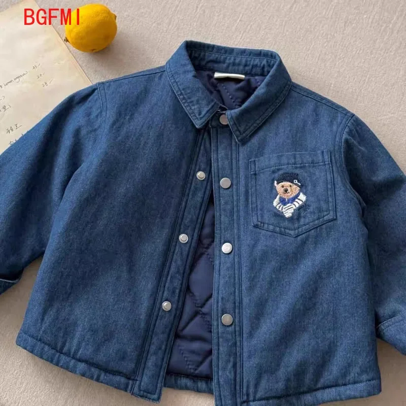 Boys Fashionable Blue Denim Jacket Quilted Shirt Autumn/Winter 2026 New Single Breasted Cotton Padded Clothes for Babies 1-10Yrs