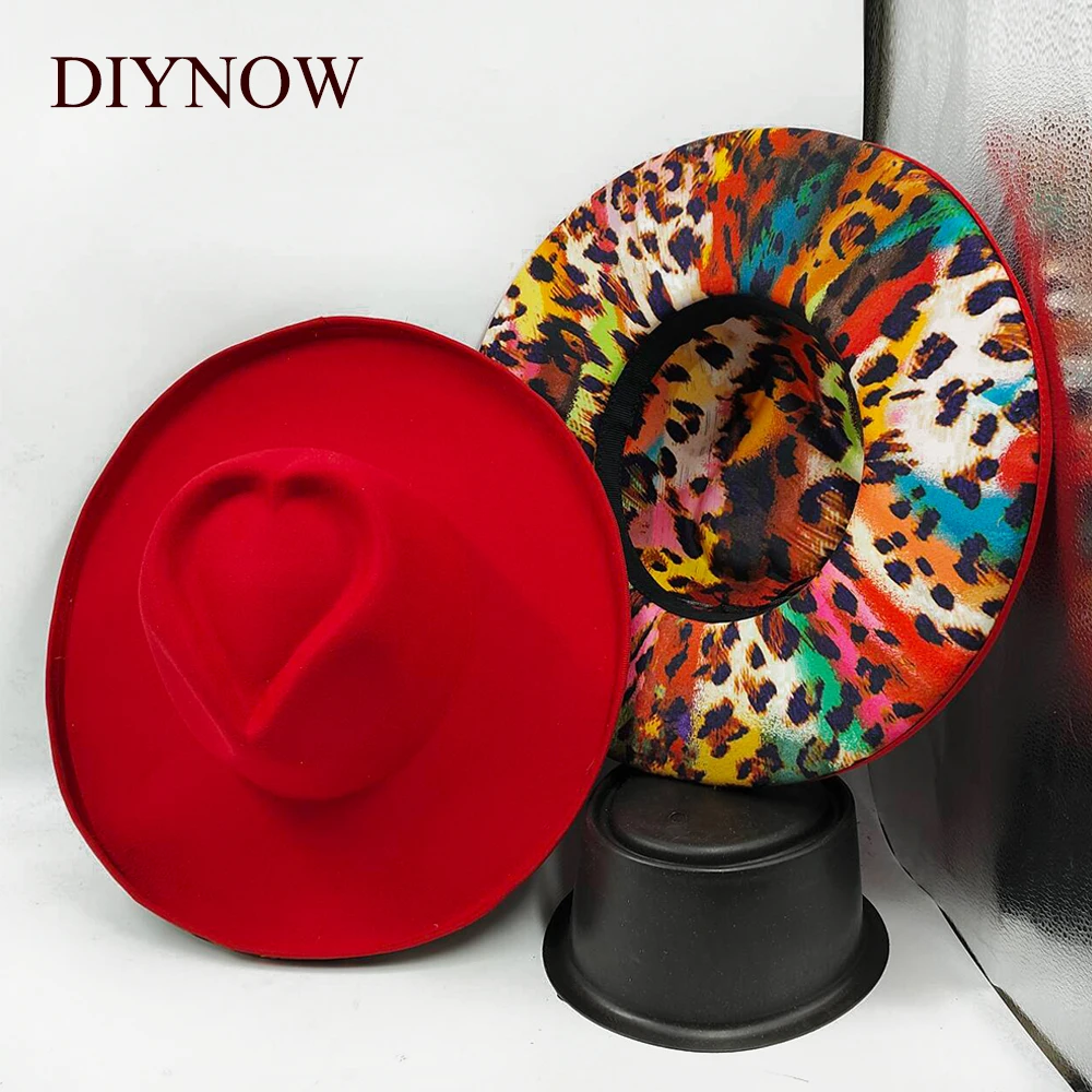 Leopard Print Fedora Hat for Women Men Luxury Big brim Panama Jazz Hat Heart Top Design Two-tone Tie Dye Fedora Winter New