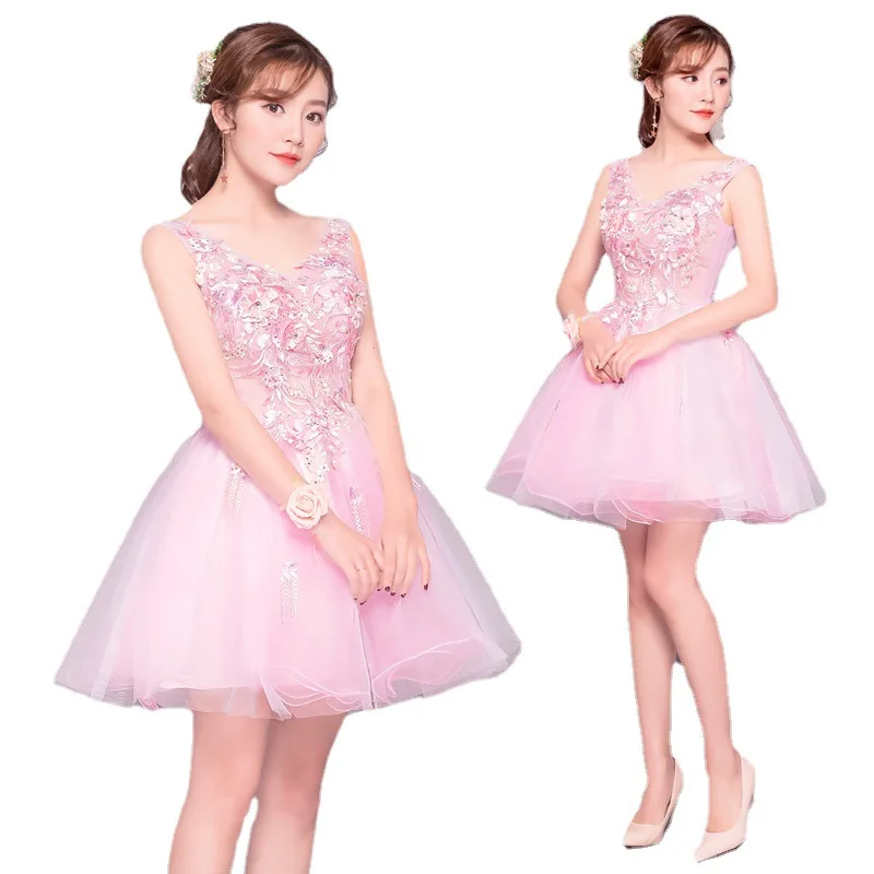 Vestido de baile sem mangas, vestido curto rosa de tule, tamanho positivo, decote em v clássico, doce, Bal