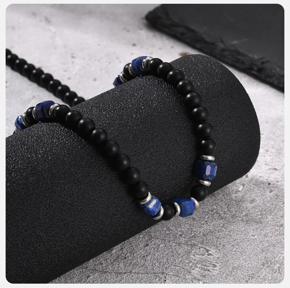 Vnox Herren-Perlenkette, mattschwarzer Onyx und Lapislazuli, Natursteinkette, verstellbare Länge, lässiger Alltagsschmuck für Männer, Geschenk – Detail 5