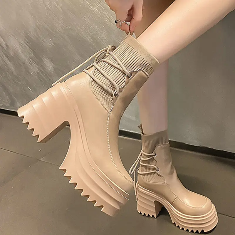 2024 New Ankle Boots Women Quality Platform Boots Female Fashion Short Boot Black Chunky High Heel Women Shoes Fashion Spring