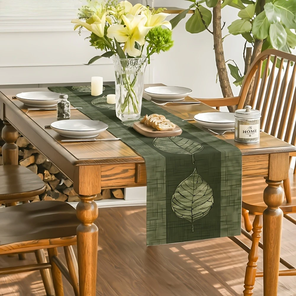 1-Piece Olive Green Botanical Pattern Table Runner, Daily Family Dining & Coffee Table Decor, All-Season Universal Table Runner