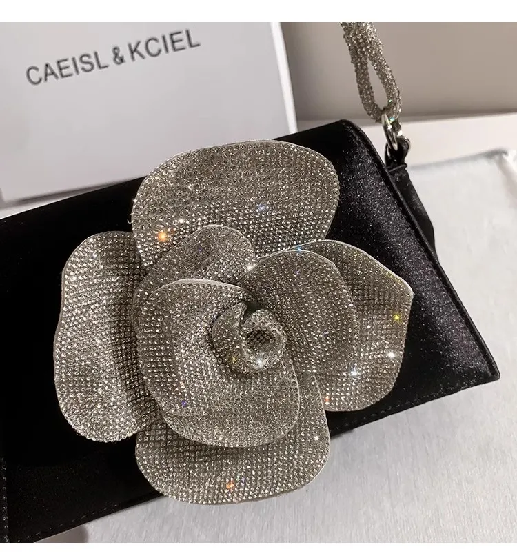Luxury Fashion Satin Women Handbag Glitter Shiny Rhinestones Diamond Floral Evening Bag Wedding Party Clutch Purse Shoulder Bag
