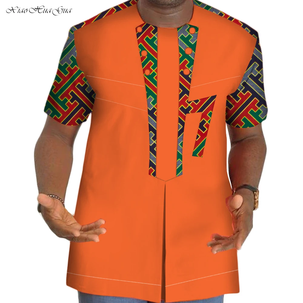 Summer Dashiki Shirt Cotton Men Shirt Tee African Clothing Patchwork Print Short Sleeve Shirt Bazin Riche African Clothing WYN89