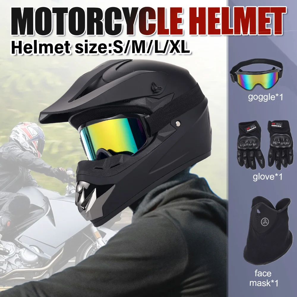 Off‑Road Motorcycle Helmet Four‑Piece Set Adult DOT Certified Matte Black With Goggles Gloves Mask Motocross Trail Riding