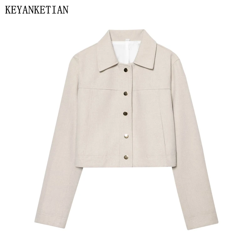

KEYANKETIAN Autumn New Women's Casual Lapel Metal Single Breasted Short Jacket With Stitching, Women Jacket