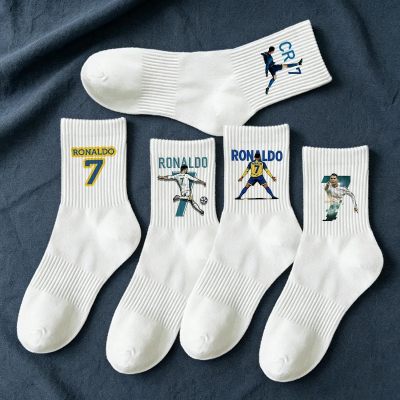 5 paires de chaussettes mi-tube Cristiano Ronaldo CR7 pour hommes, chaussettes en coton imprimées avec image de joueur de football, unisexe, automne-hiver, absorbant la sueur