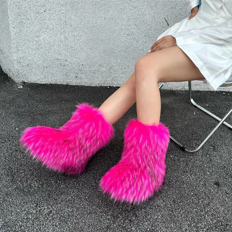 faux raccoon fur plush snow boots street women's warm fluffy fur mid-calf boots y2k