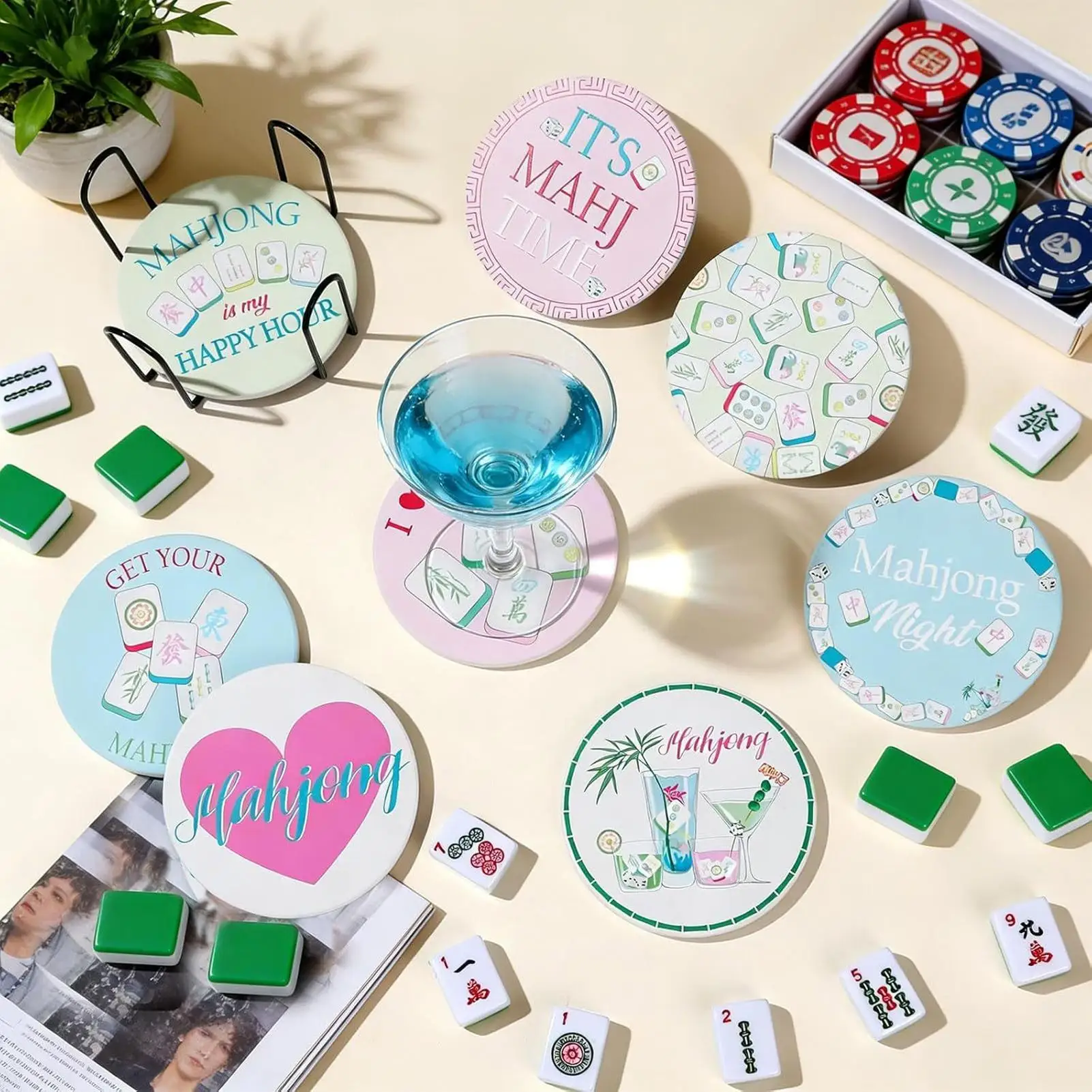 Mahjong Wooden Coasters Anti-skidding Heat-Resistant Kitchen Decoration Table Protector Pad Mug Placemat Kitchen Accessories