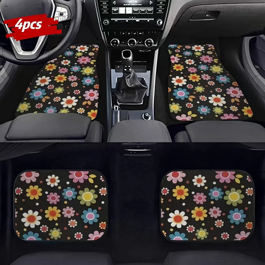 4pcs Universal Floral Car Floor Mats- Durable, Fits Most Cars, Sedans, SUVs- Peace And Flower Design