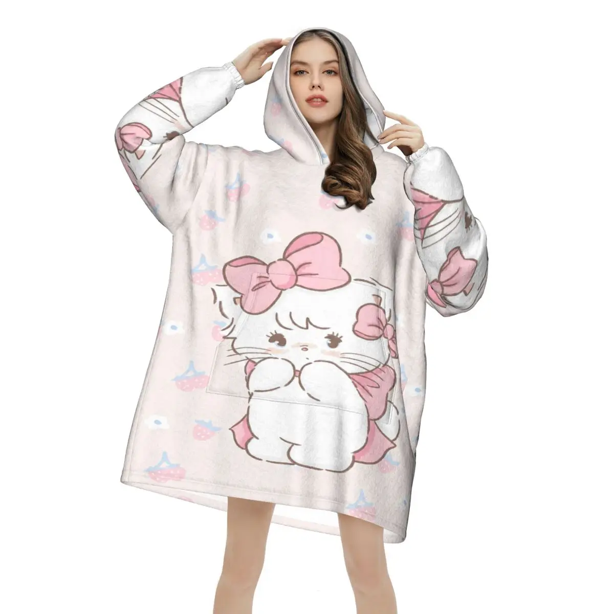 Pink Cartoon Mikko Mousse Wearable Blanket Hoodie for Women Men Oversized Sweatshirt Blanket with Pocket