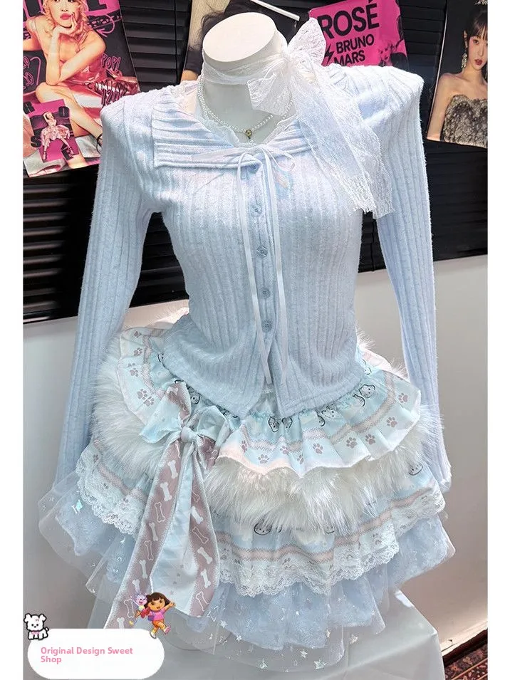 오리지널 핸드메이드 바다 소금 니트 롱 스웨터 레이스 디자인 Y2K 플러피 케이크 스커트 혼합 소재 여성 탑