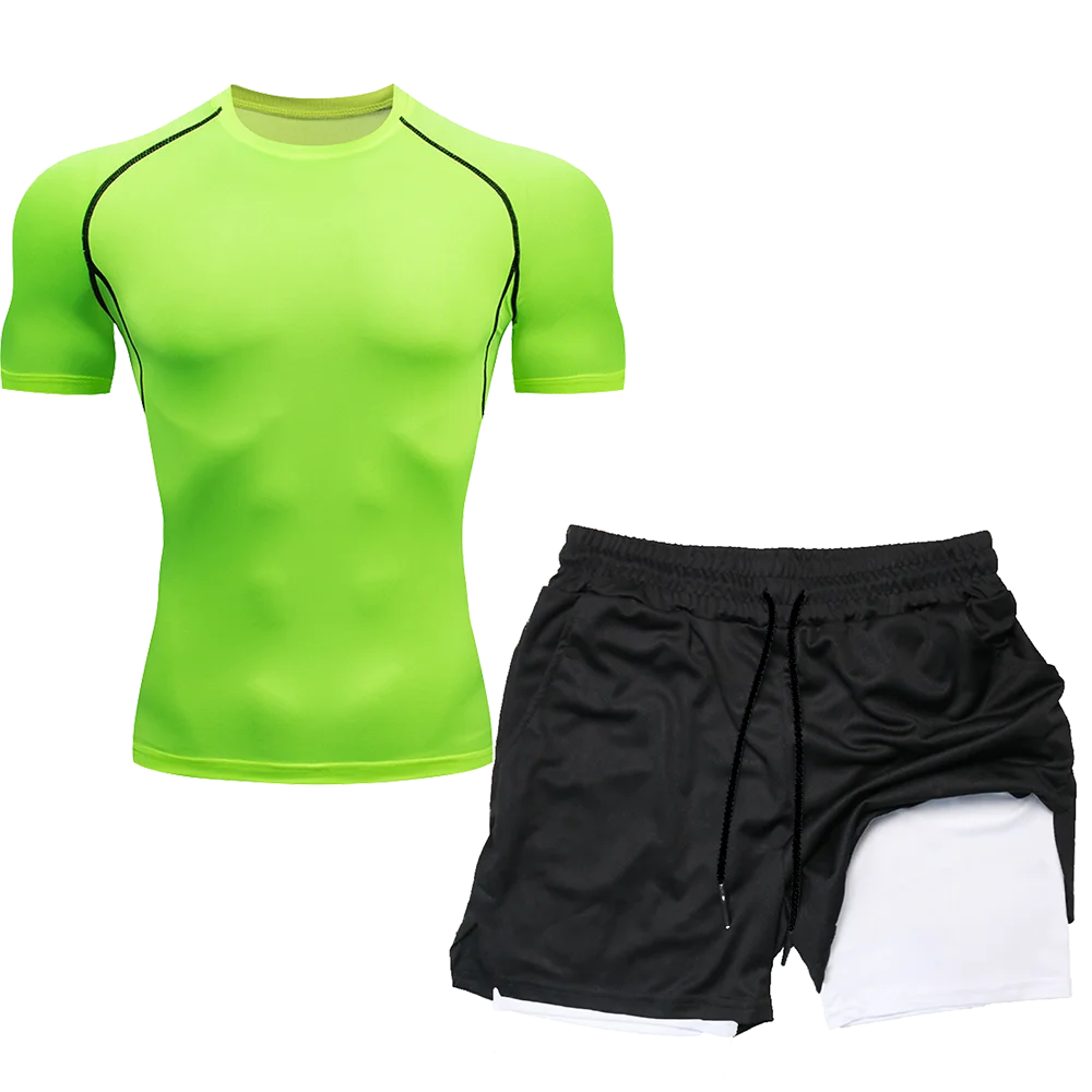 メンズ速乾性コンプレッションフィットネススーツ,ランニングシャツとジムショーツ,トレーニングスポーツウェア,夏,2個