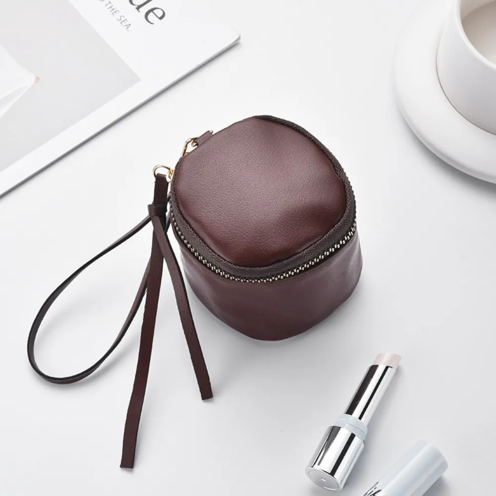 Casual Vintage Leather Mini Coin Purse Zipper Closure Portable Lipstick Storage Bag Round Shape Key Bag Small Item Storage
