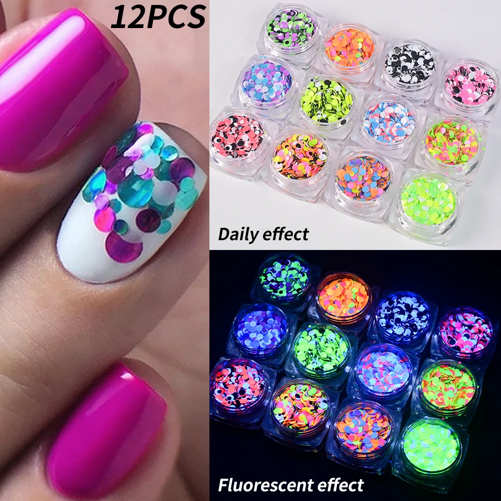 12Pcs Aurora Foil Nail Art Sequins Round/Starlight Shaped Neon Color Nail Art Foils Thin Flakes Nail Charm Glitter Accessories