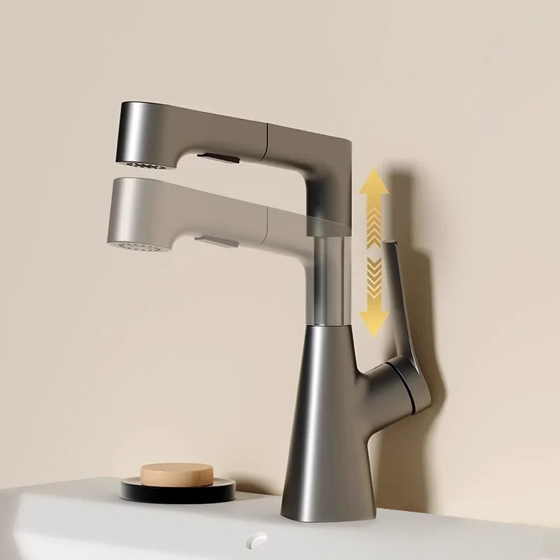 Modern Brass Grey Deck Mounted Single Handle Pull Out Spray Height Adjustable Basin Faucet Taps
