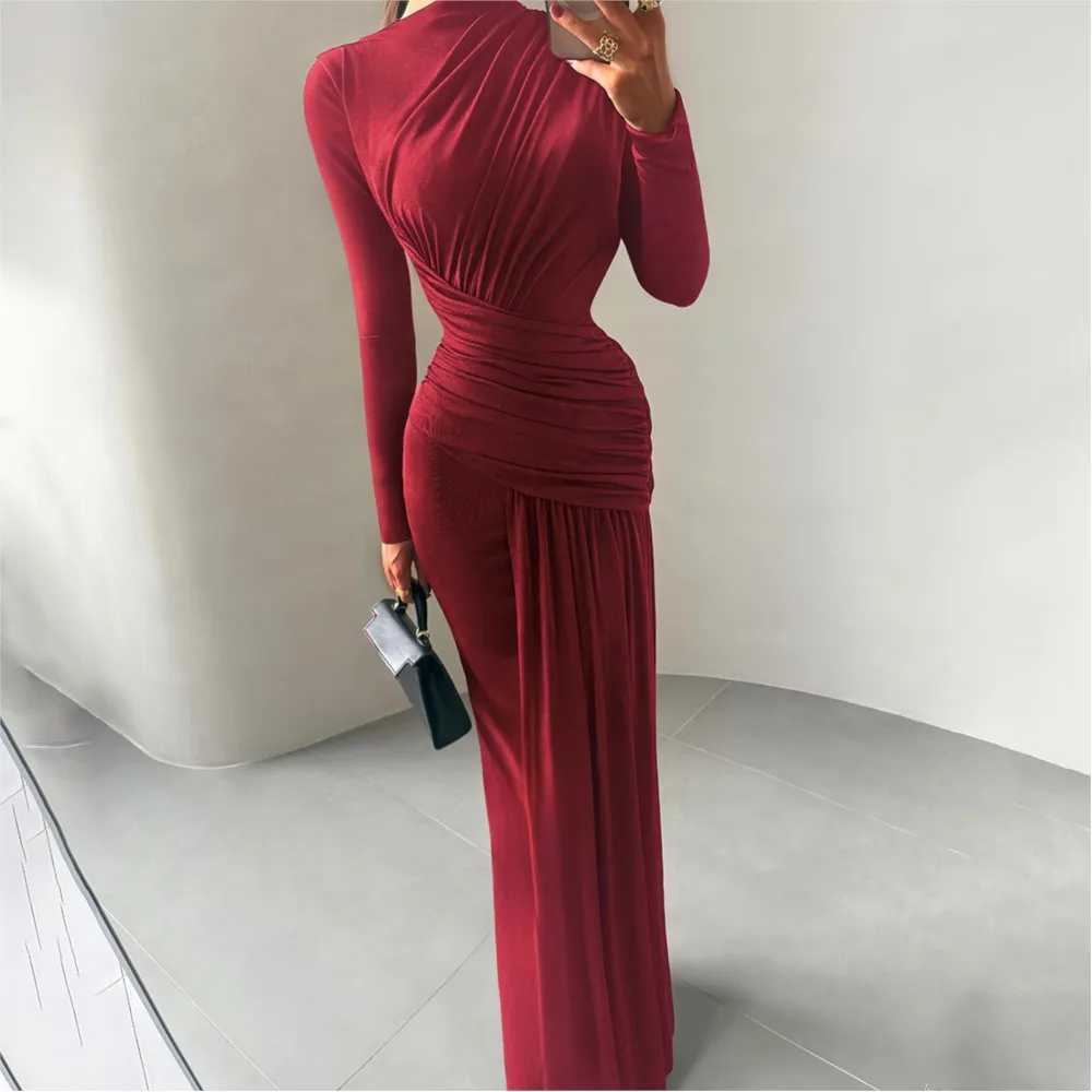 

Sexy Women's Evening Dress Solid Color Temperament Fashion Elegant Clothes Pleated Round Neck Long Sleeve High Waist Hip Clothes