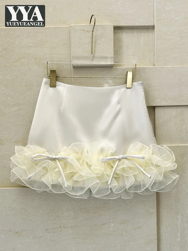Chic Females Summer Sweet Ruffle Edge Short Skirts French Style A-Line Party Stage Fashion Lace Shirring Above Knee Mini Skirt