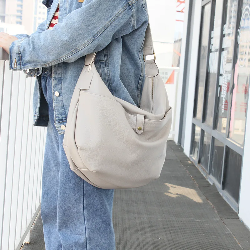 Slouchy Style Big Capacity Crossbody Bag Women Genuine Leather Hobo Shoulder Bags Soft Cowhide Casual Shopper Tote Lady Handbags