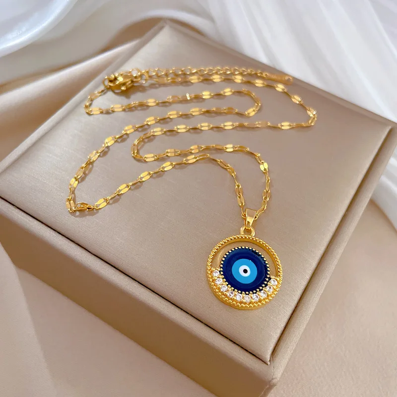 DIEYURO 316L Stainless Steel Round Blue Eyes Pendant Necklace For Women Girl New Retro Clavicle Chain Jewelry Gift Party bijoux