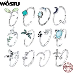 WOSTU Real 925 Sterling Silver Open Ring Finger Adjustable Size Wedding Rings For Women Engagement Fashion Silver Jewelry Gift