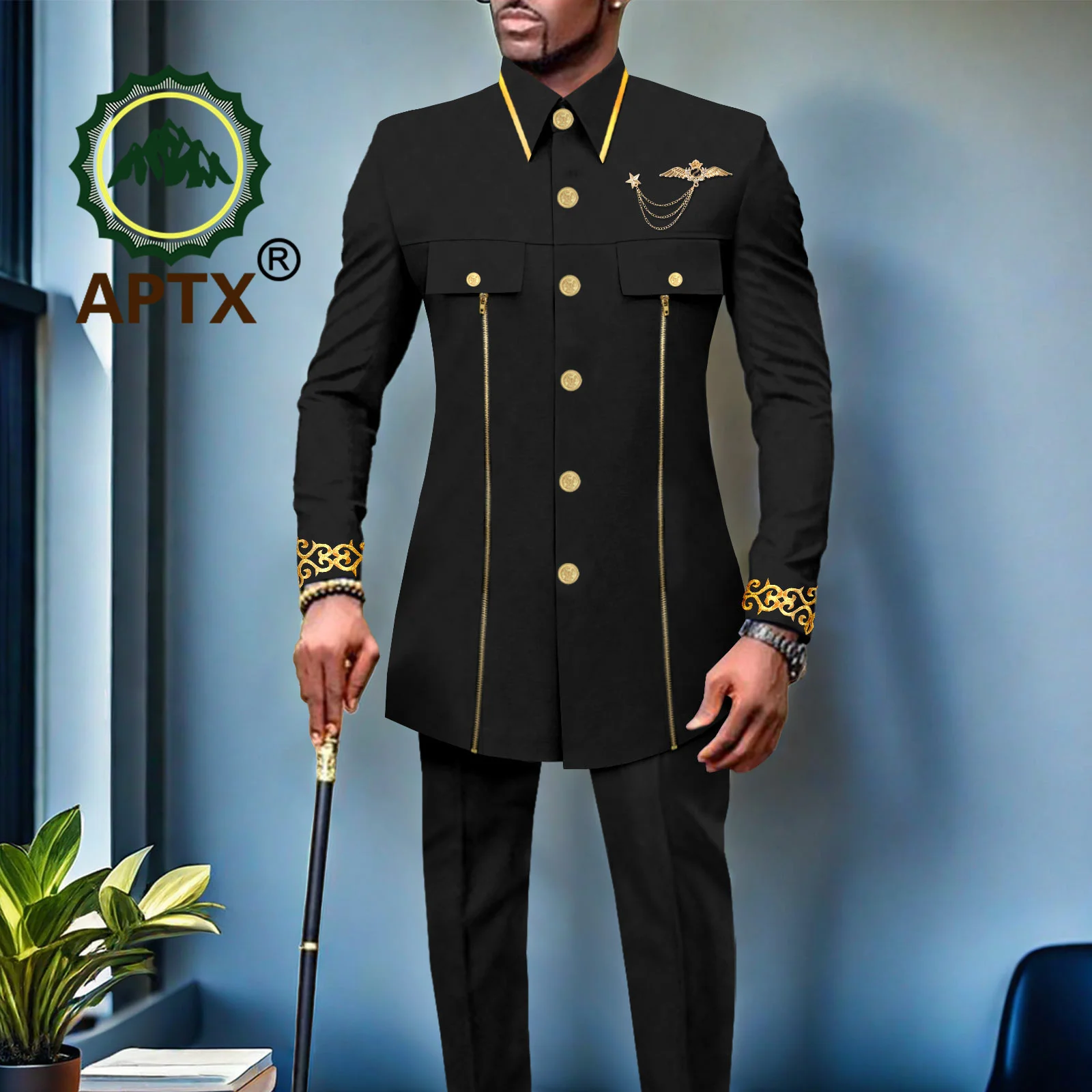 African Men Suit for Traditional Wedding Custom Business Attire Gold Embroidery Coat Pants Set Party Bazin Riche Attire 2416079