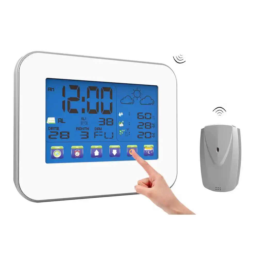 Touch Screen Weather Station Alarm Clock Wireless RF Outdoor Temperature Monitor with Color Backlight Indoor Outdoor Thermometer