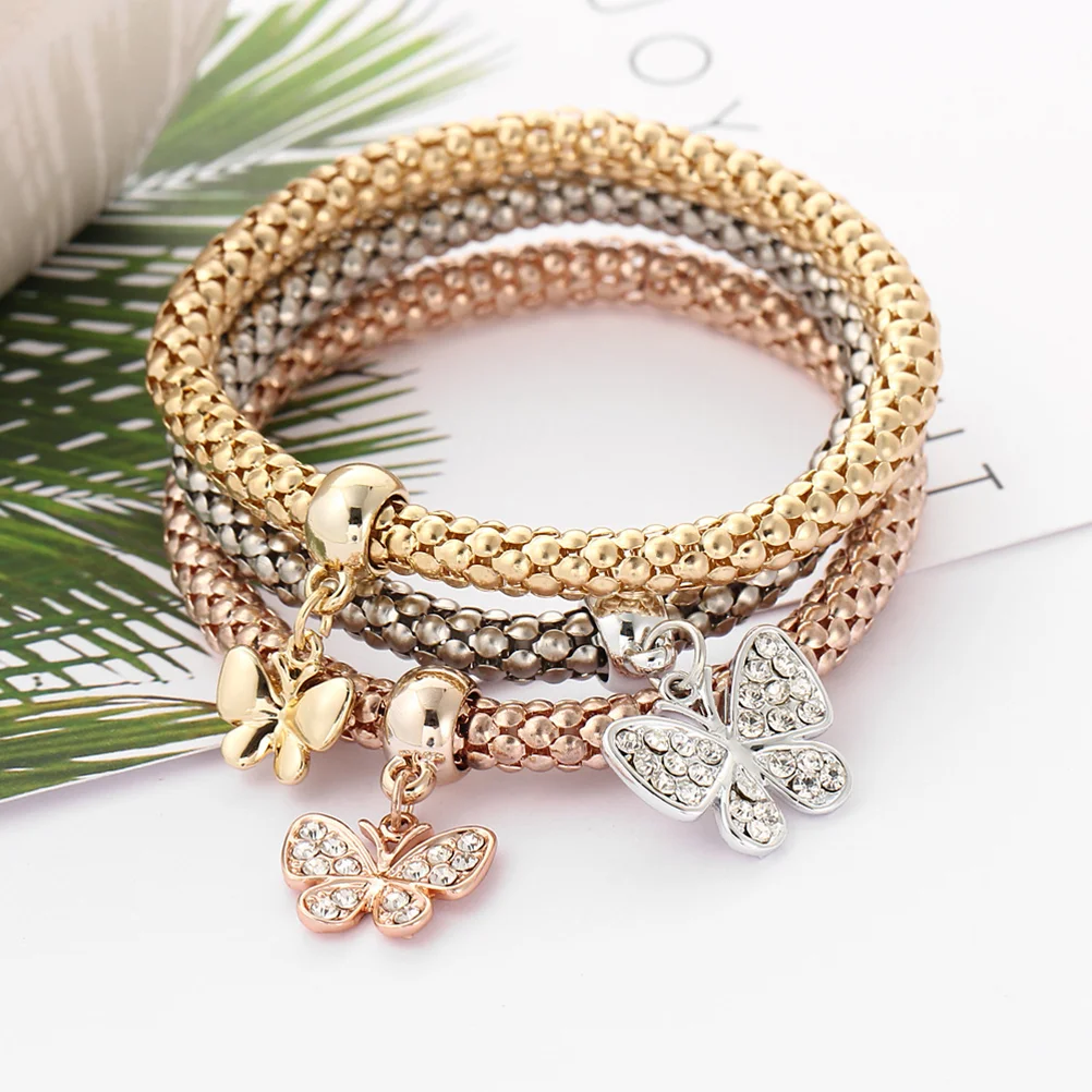 3PCS Women Bracelet -inlay Elastic Popcorn Corn Chain Diamond Pendant Alloy Tricolor Bracelet Set