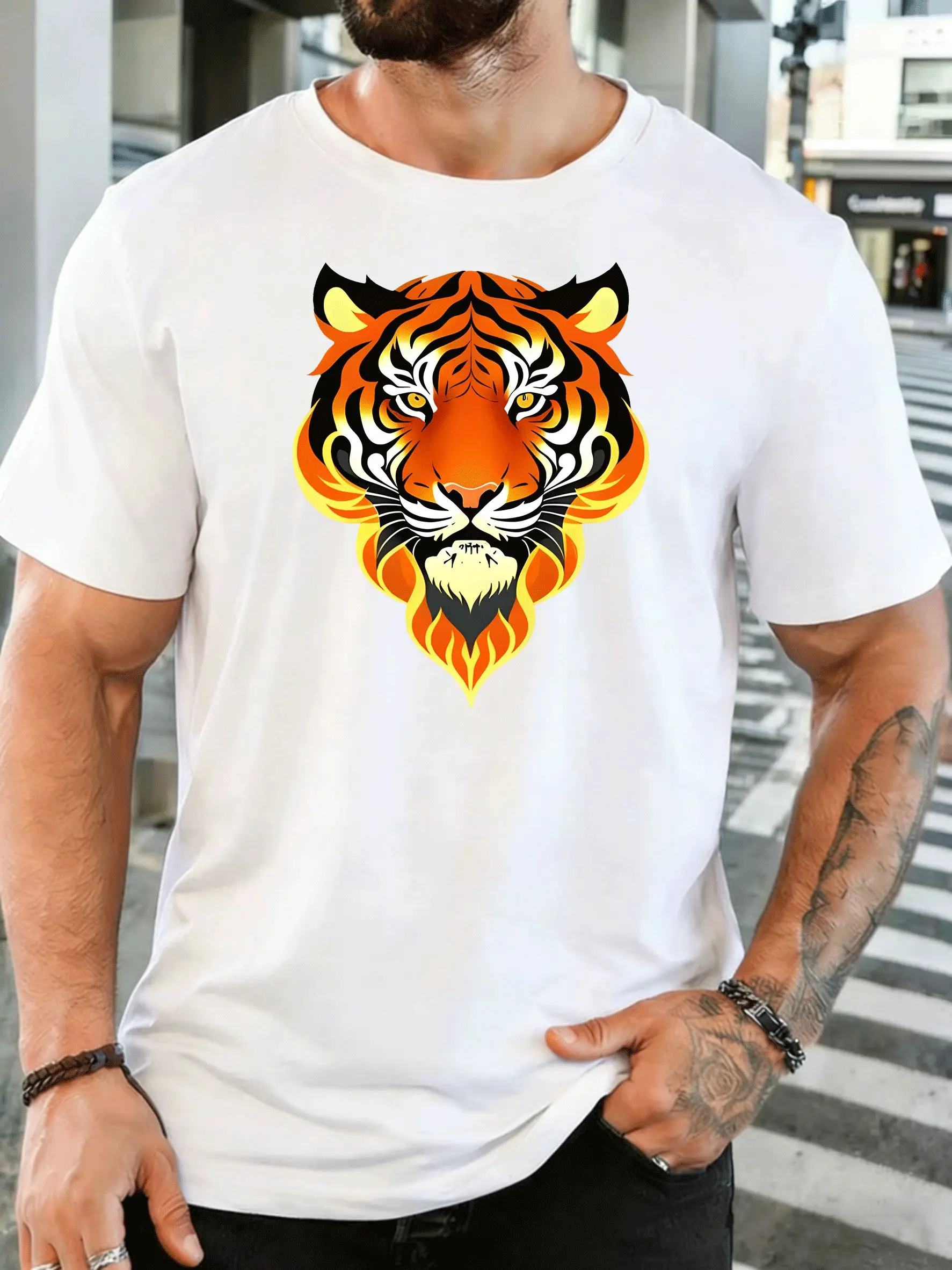 Flame Style Tiger Head Art Mens Front Print T Shirt Wild Animal Graphic Tee Casual Short Sleeve Top Wildlife Fan Lover Gift