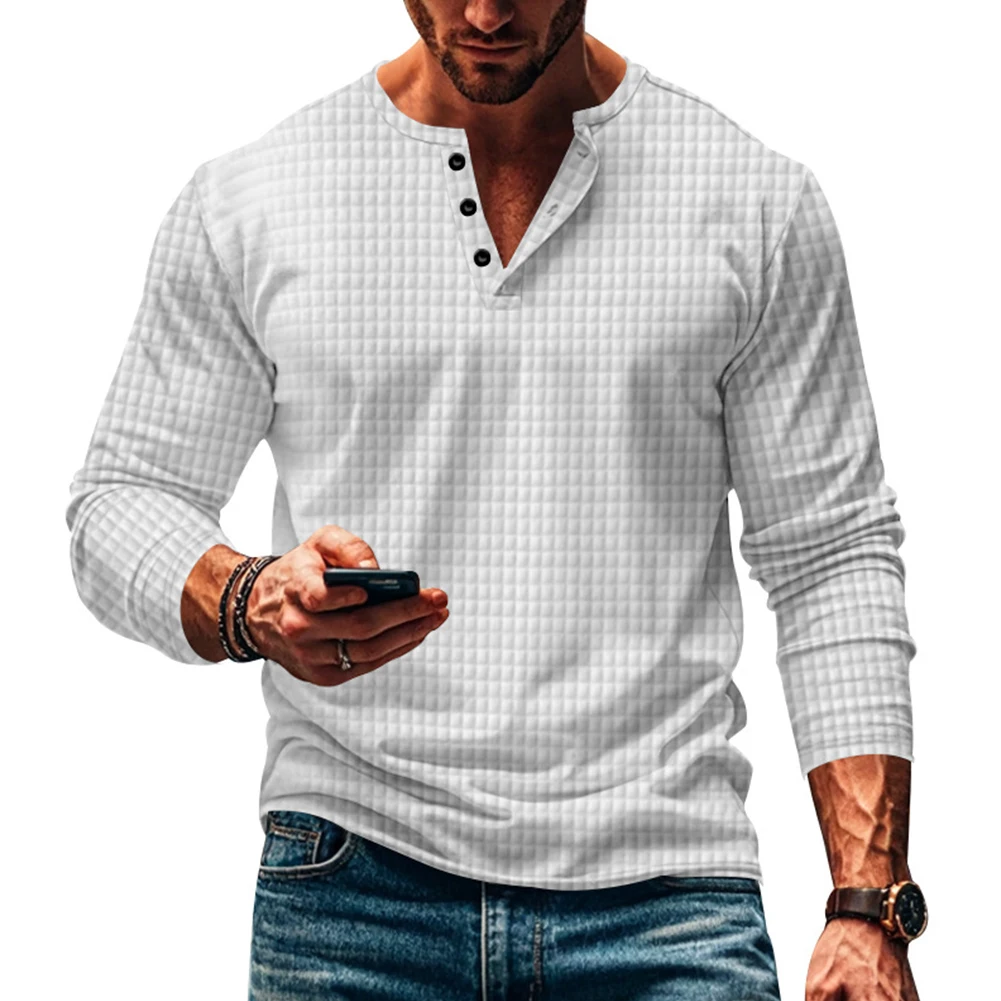 Casual Outings Mens Running Blouse Long Sleeve V-neck Brand New Condition Buttons Closure Muscle Fit Regular Length