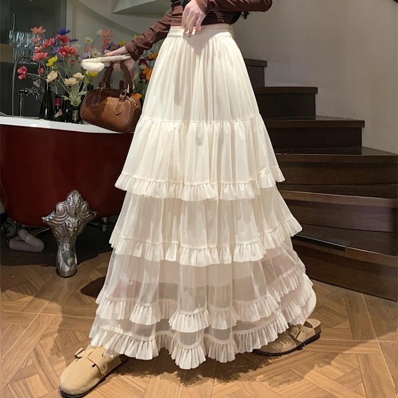 

Сплошной цвет, повседневная тюлевая юбка, весенняя женская сетчатая длинная юбка трапециевидной формы, корейская юбка с рюшами, женские длинные юбки-пачки, праздничная одежда