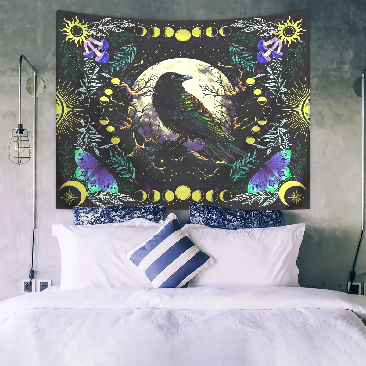 1pc Crow moon tapestry, mysterious atmosphere mushroom butterfly tapestry, starry sky natural leaf plant tapestry