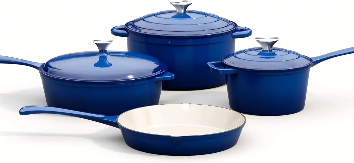 7 Piece Enameled Cast Iron Cookware Set, Induction Dutch Oven Pot with Lid, Blue Non Toxic Pots and Pans set, PFOA-PFOS Free