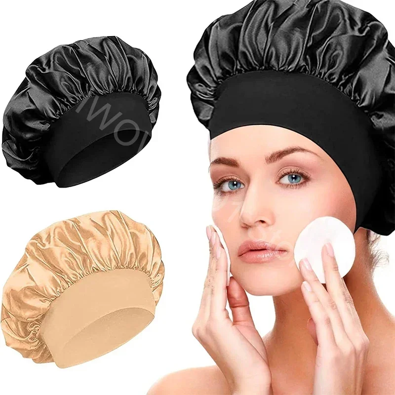 New Women\'s Satin Solid Wide-brimmed Sleeping Hat Unisex Head Wrap Elastic Band Cap Hair Care Bonnet Night Hat bonnet de nuit