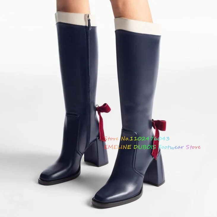 Bow Thick Heels Long Boots Square Toe Color Matching High Heel Knee High Boot Side Zipper Trendy Knight Boots for Girl