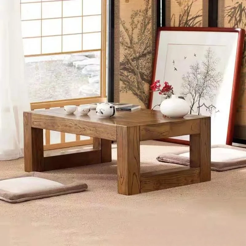 Rustic Elm Wood Low Coffee Table for Small Spaces Balcony Living Room Bedroom Minimalist Chinese Style Solid Wood Floor Table