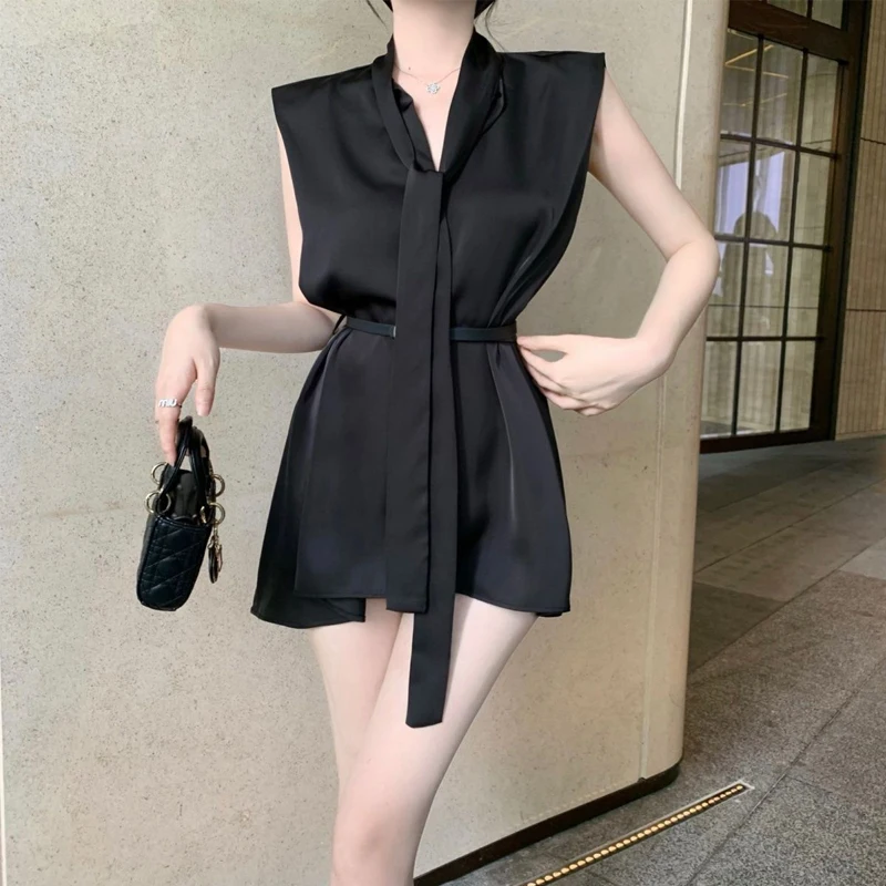 Temperament Sleeveless Loose Shirt Tops Summer New Thin Solid Lacing Simplicity Elegant Blouse Fashion Korean Women Clothing