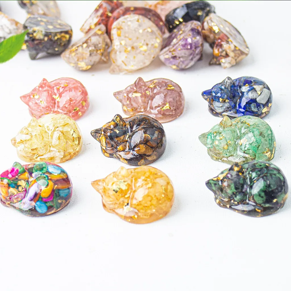 Natural Crystal Cat Figurine Resin Orgone Sleeping Cat Statue Healing Quartz Gemstone Animal Carving Home Room Desk Decor Gift