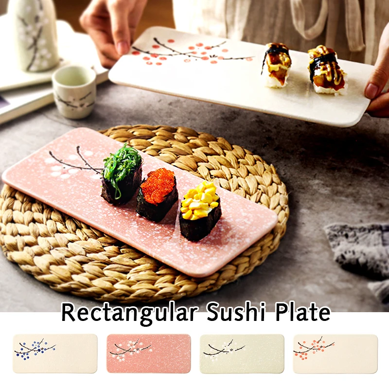 

Japanese Ceramic Rectangular Sushi Long Plate Dessert Cake Salmon Sashimi Plate Western Food Restaurant Kitchen Service Tray